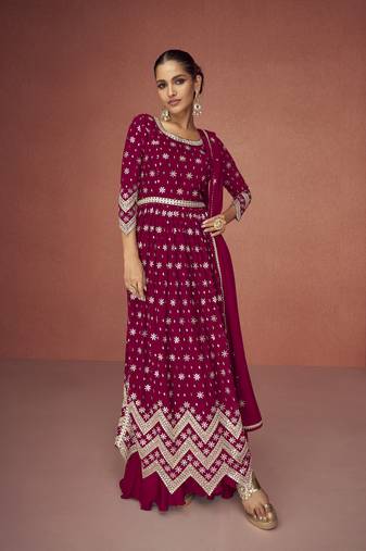 Cherry color embroideried faux georgette semi stitched salwar suit