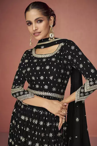 Black color embroideried faux georgette semi stitched salwar suit