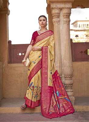 Kimisha women's yellow poly silk blend saree with unstitched blouse piece 1