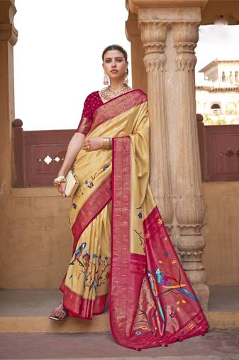 Kimisha women's yellow poly silk saree with unstitched blouse piece