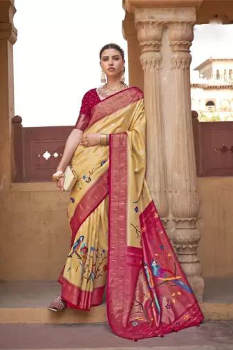 Kimisha women's yellow poly silk saree with unstitched blouse piece