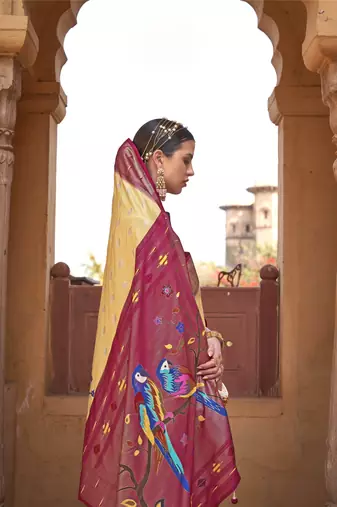 Kimisha women's yellow poly silk blend saree with unstitched blouse piece