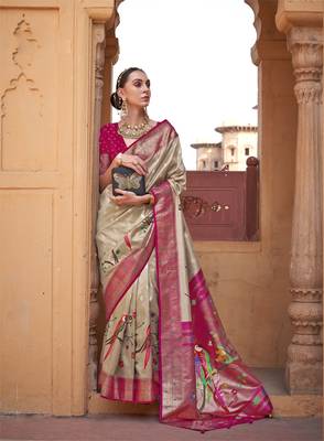 Kimisha women's beige poly silk blend saree with unstitched blouse piece 1