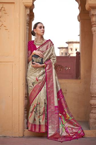 Kimisha women's beige poly silk saree with unstitched blouse piece