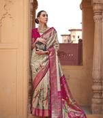 Kimisha women's beige poly silk saree with unstitched blouse piece