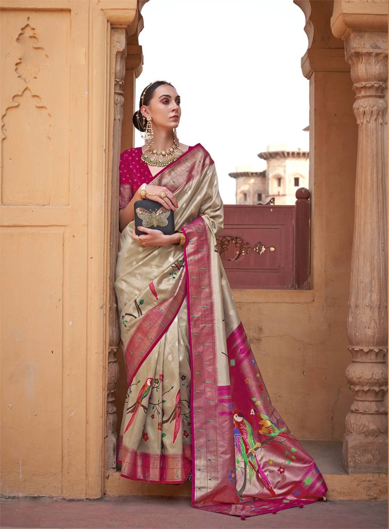 Kimisha women's beige poly silk saree with unstitched blouse piece