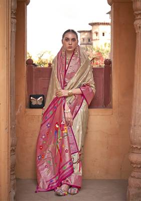 Kimisha women's beige poly silk blend saree with unstitched blouse piece 2