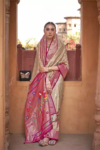 Kimisha women's beige poly silk blend saree with unstitched blouse piece