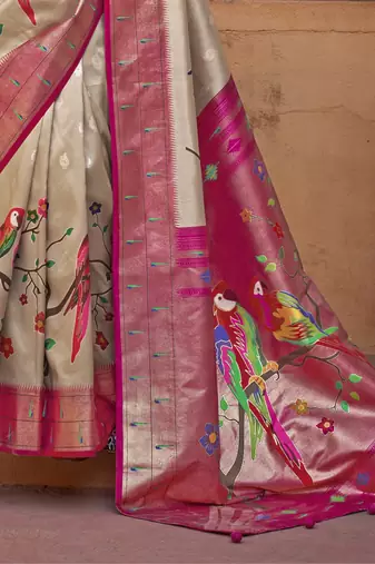 Kimisha women's beige poly silk blend saree with unstitched blouse piece