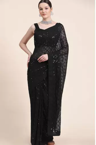 Black Georgette Saree With Unstitched Blouse Piece