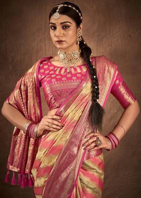Beige silk blend Blend Saree With Unstitched Blouse Piece 3