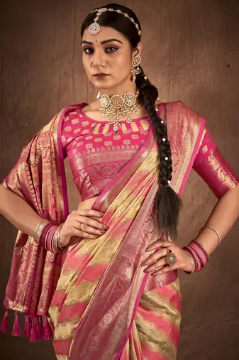 Beige silk blend Blend Saree With Unstitched Blouse Piece
