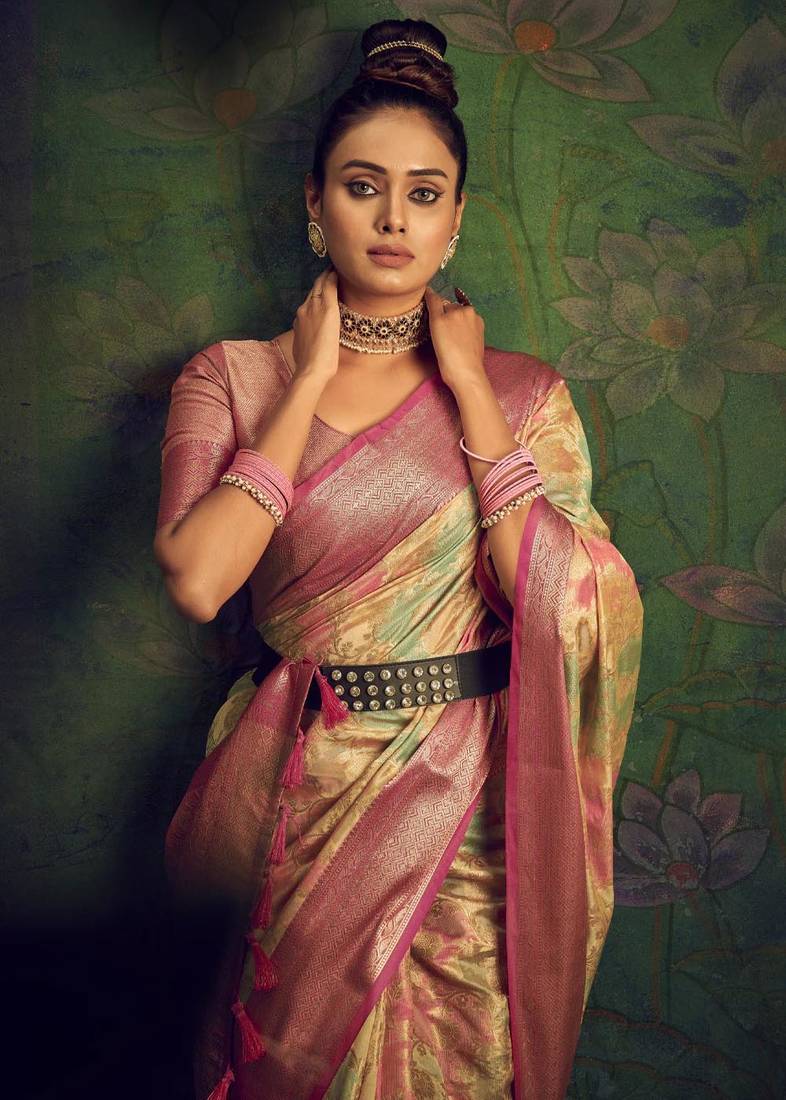 Kimisha women's gold silk saree with unstitched blouse piece