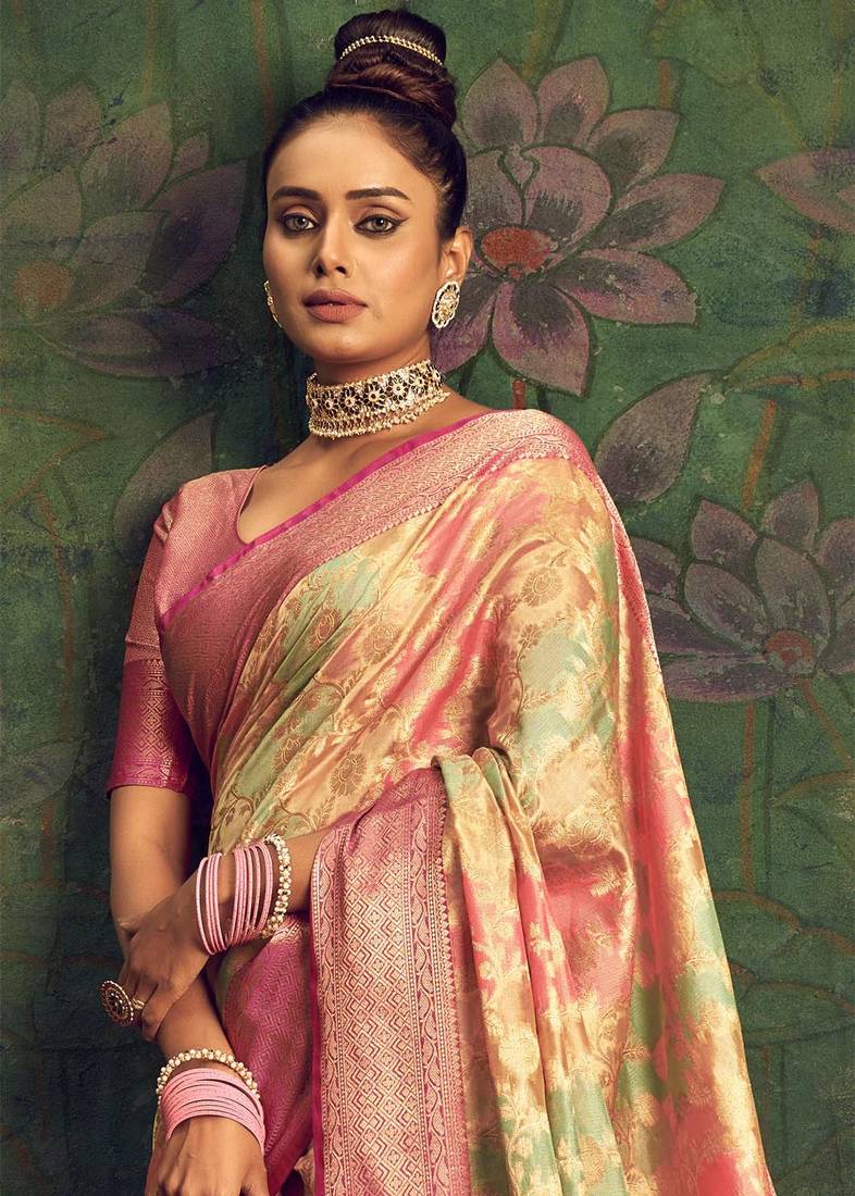 Kimisha women's gold silk saree with unstitched blouse piece