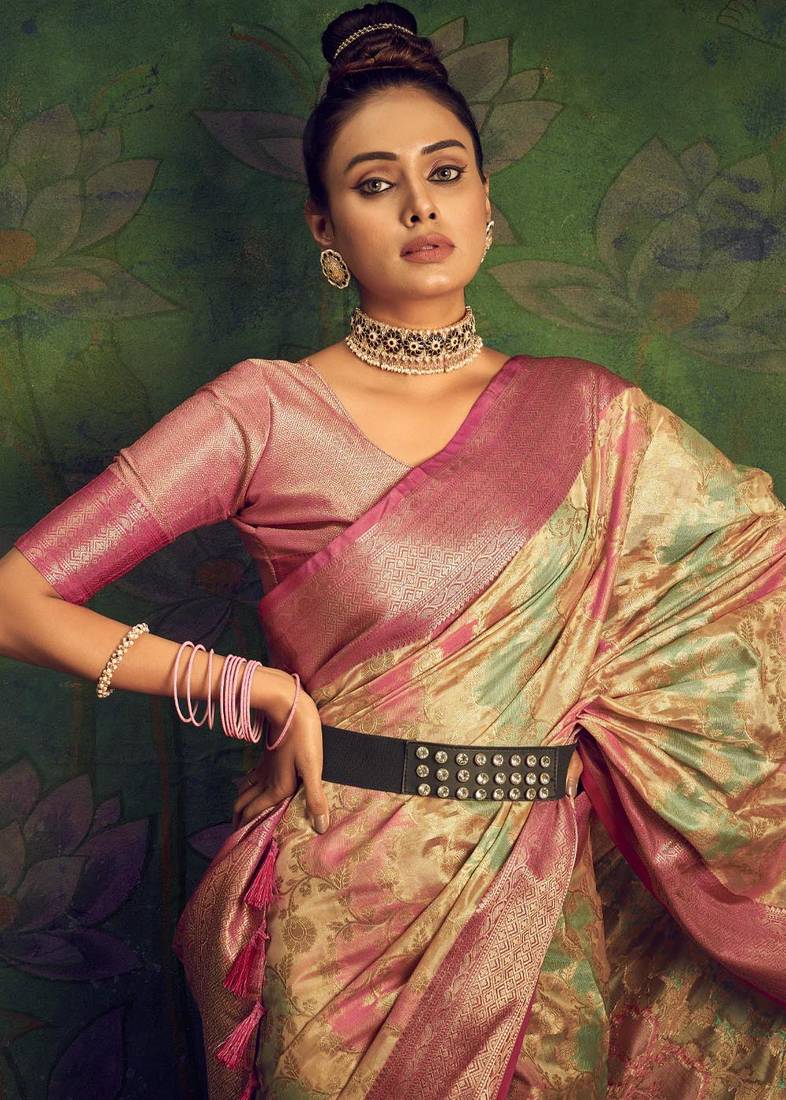 Kimisha women's gold silk saree with unstitched blouse piece