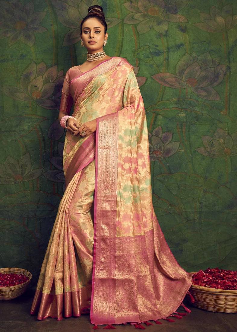 Kimisha women's gold silk saree with unstitched blouse piece