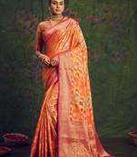 Orange silk blend Blend Saree With Unstitched Blouse Piece