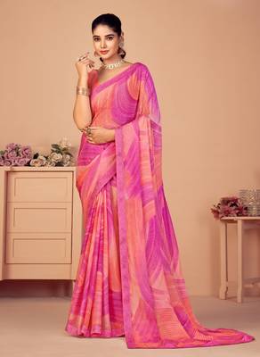 Pink digital printed chiffon fancy bollywood saree with blouse 1