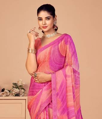 Pink digital printed chiffon fancy bollywood saree with blouse 2