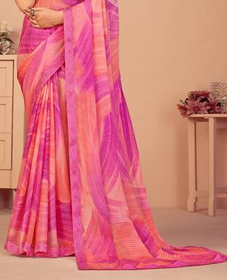 Pink digital printed chiffon fancy bollywood saree with blouse 3