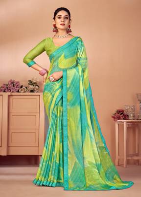 Green digital printed chiffon fancy bollywood saree with blouse 1