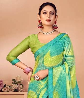 Green digital printed chiffon fancy bollywood saree with blouse 2