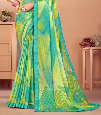 Green digital printed chiffon fancy bollywood saree with blouse 3