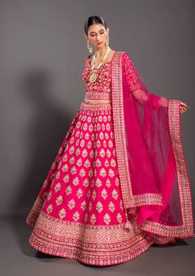 Pink Embroidered Semi Stitched Zari Work and Thread Work Lehenga Choli 1