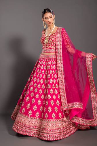 Pink Embroidered Semi Stitched Zari Work and Thread Work Lehenga Choli