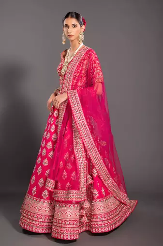 Pink Embroidered Semi Stitched Zari Work and Thread Work Lehenga Choli