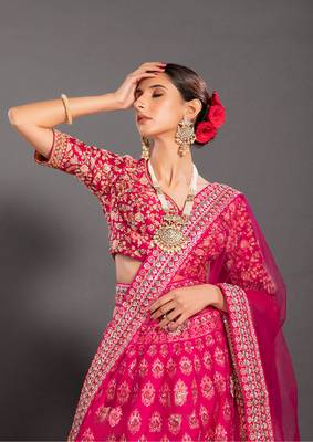 Pink Embroidered Semi Stitched Zari Work and Thread Work Lehenga Choli 3