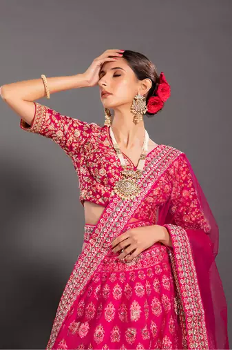 Pink Embroidered Semi Stitched Zari Work and Thread Work Lehenga Choli