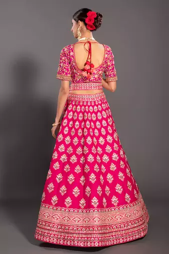 Pink Embroidered Semi Stitched Zari Work and Thread Work Lehenga Choli