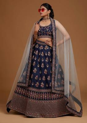 Blue Embroidered Semi Stitched Zari Work and Multi Color Thread Work Lehenga Choli 1