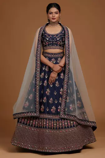 Blue Embroidered Semi Stitched Zari Work and Multi Color Thread Work Lehenga Choli