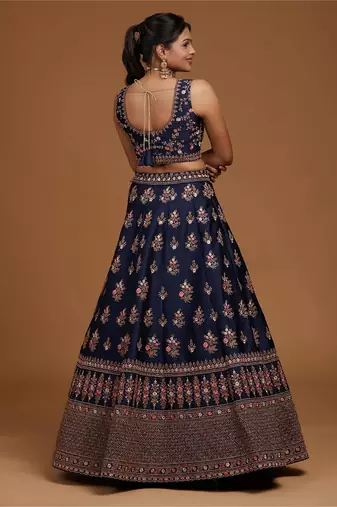 Blue Embroidered Semi Stitched Zari Work and Multi Color Thread Work Lehenga Choli