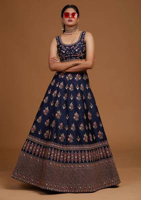Blue Embroidered Semi Stitched Zari Work and Multi Color Thread Work Lehenga Choli 4
