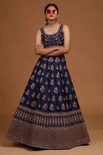 Blue Embroidered Semi Stitched Zari Work and Multi Color Thread Work Lehenga Choli