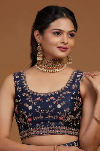 Blue Embroidered Semi Stitched Zari Work and Multi Color Thread Work Lehenga Choli