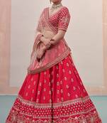 Red Embroidered Semi Stitched Zari Work and Thread Work Lehenga Choli