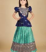 Kids Blue New south Indian traditional pattu pavadai Jacquard Lehenga choli for girls dress