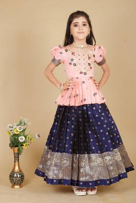 Kids Rose Pink New south Indian traditional pattu pavadai Jacquard Lehenga choli for girls dress 1