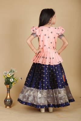 Kids Rose Pink New south Indian traditional pattu pavadai Jacquard Lehenga choli for girls dress 2