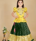Kids Yellow New south Indian traditional pattu pavadai Jacquard Lehenga choli for girls dress
