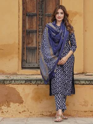 women navy blue geometric straight kurta pant and dupatta set 1