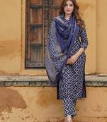 women navy blue geometric straight kurta pant and dupatta set