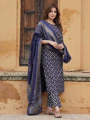 women navy blue geometric straight kurta pant and dupatta set 2