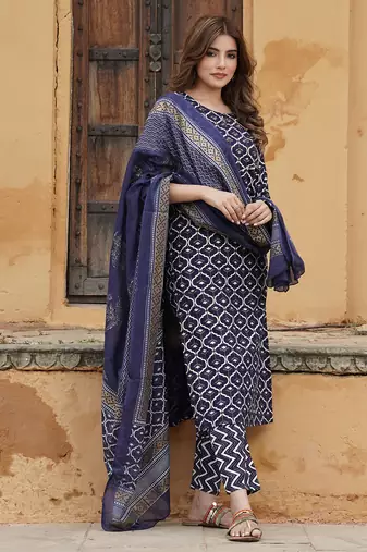 women navy blue geometric straight kurta pant and dupatta set