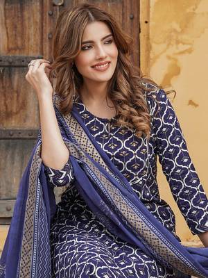 women navy blue geometric straight kurta pant and dupatta set 4