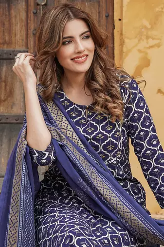 women navy blue geometric straight kurta pant and dupatta set
